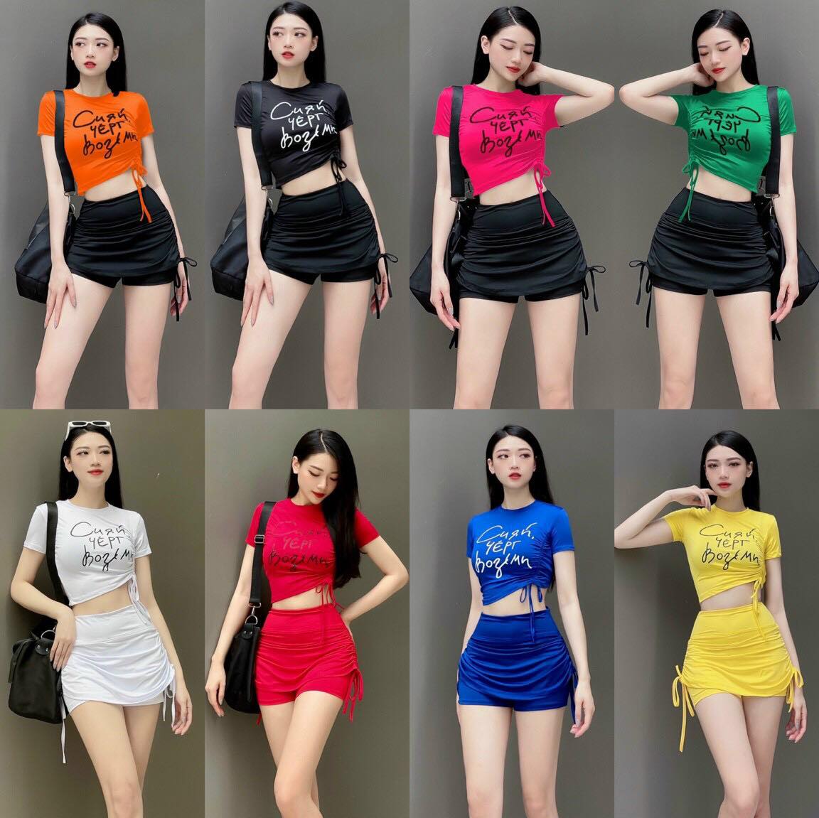 Đồ tập gym nữ Hot Trend Áo Croptop Chân Váy rút dây CRUH chéo eo siêu đẹp tập Gym, Yoga, Zumba, Earobic, Đi biển