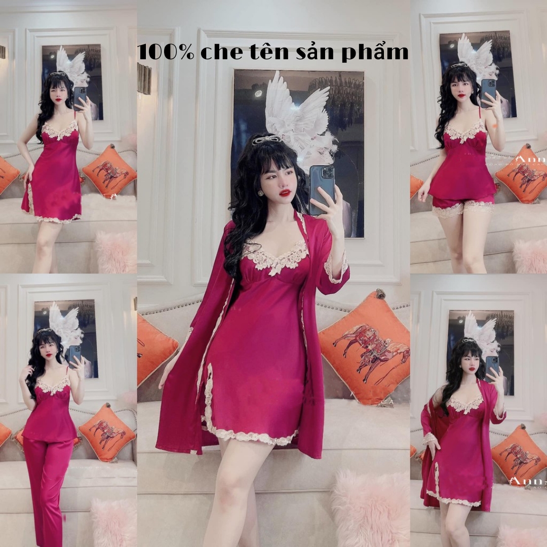 Sét ngủ lụa 5 món có mút ngực sexy cao cấp Bộ năm món mặc nhà gợi cảm quyến rũ