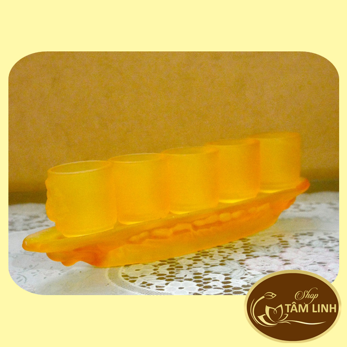 Bộ án 5 ly nước thờ cúng màu lưu ly vàng