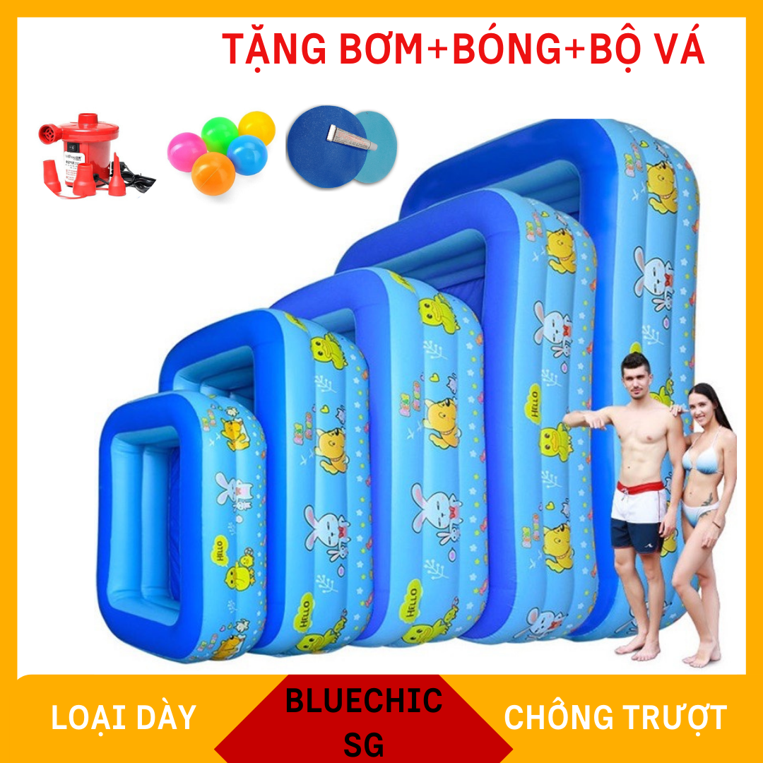 (TẶNG BƠM ĐIỆN + BÓNG) Bể phao bơi hình chữ nhật nhiều kích thước 3m, 2m6, 2m1, 1m8, 1m5, 1m3, 1m2 - Dòng sản phẩm cao cấp, chất liệu dày dặn, chống Trơn - Trượt, An toàn cho bé - Bảo hành uy tín1 đổi 1 tai bluechic sg