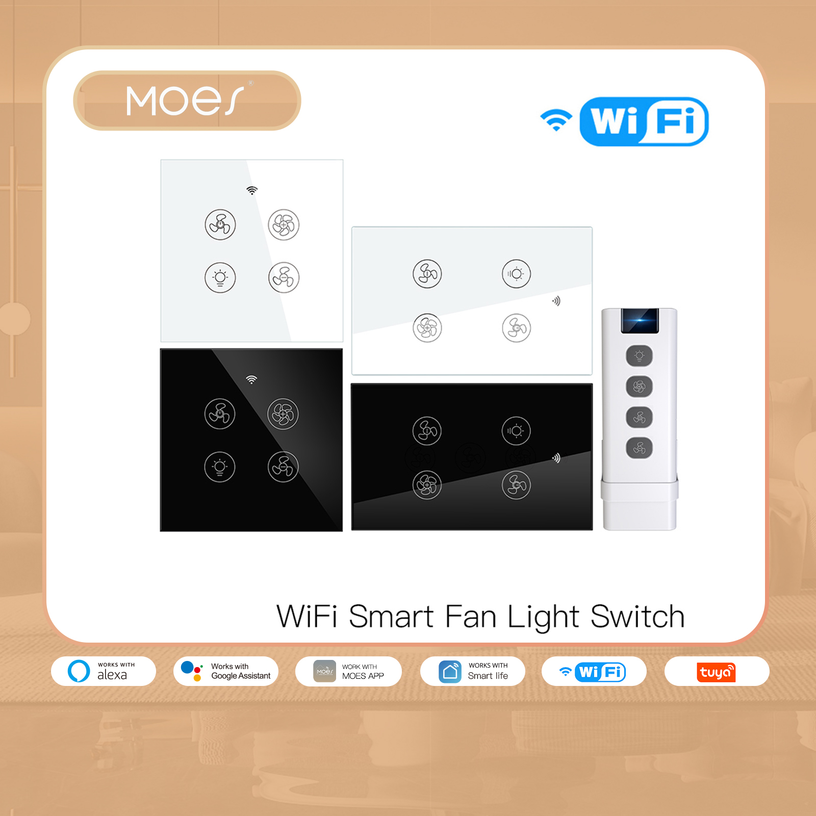 MOES Quạt Trần Thông Minh WiFi RF Mới, Đèn Điều Khiển 2/3 Chiều, Cuộc Sống Thông Minh/Ứng Dụng Tuya Điều Khiển Tốc Độ Từ Xa RF Alexa Nhà Tương Thích