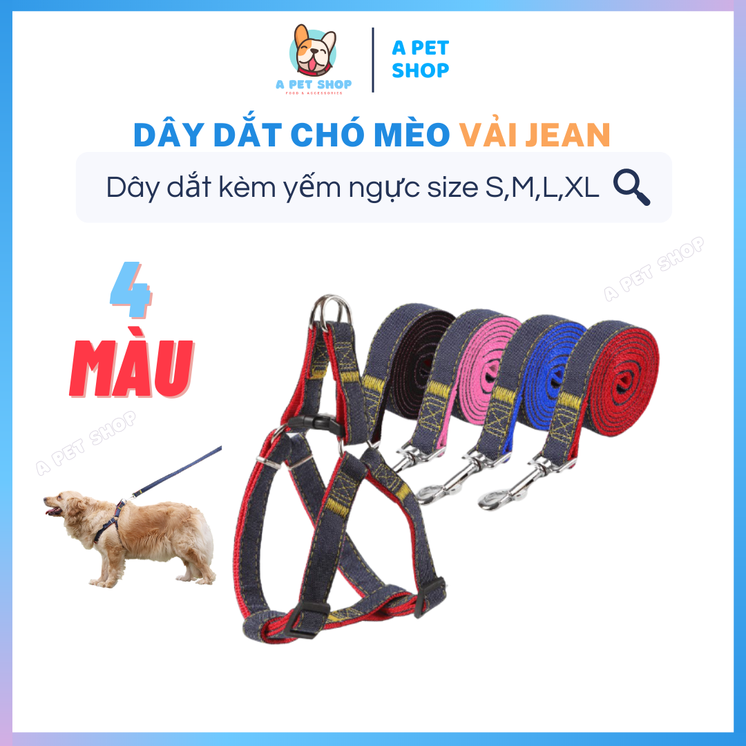 Dây dắt chó mèo dạng yếm vải Jean size S/M/L/XL - Dây xích chó mèo a pet shop từ 1- 27Kg