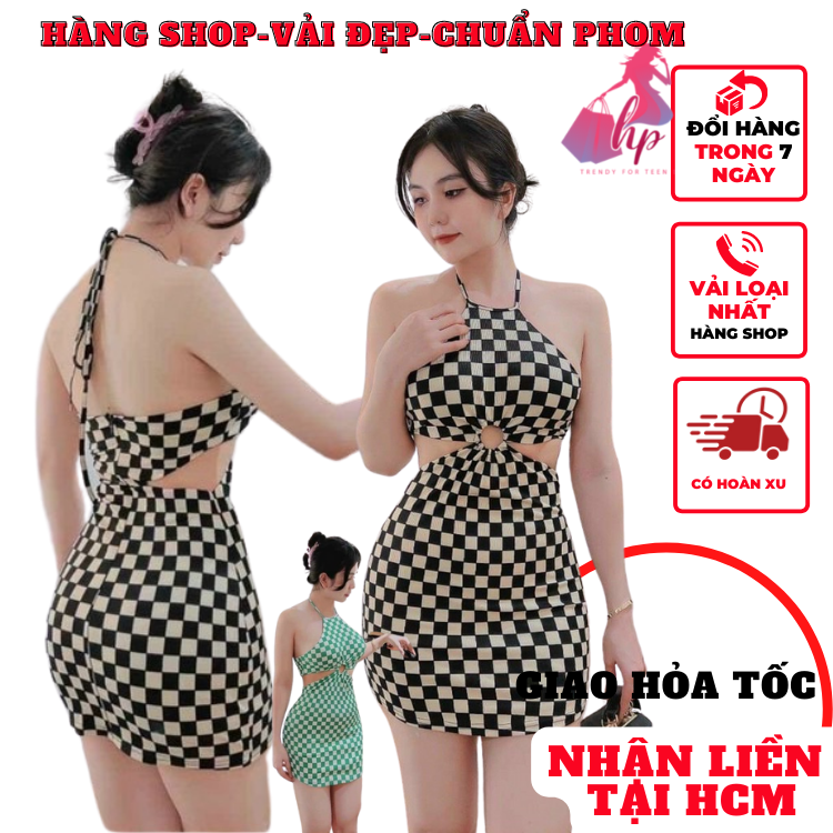 Váy đầm yếm nữ cột dây khoét eo hở lưng sọc caro dáng ngắn kiểu hàn quốc thời trang VD203