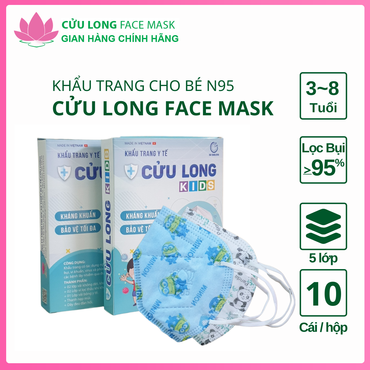  Combo 2 khẩu trang y tế em bé 4 lớp N95 hoạt hình chính hãng Cửu Long Face Mask   Hộp 10 cái   