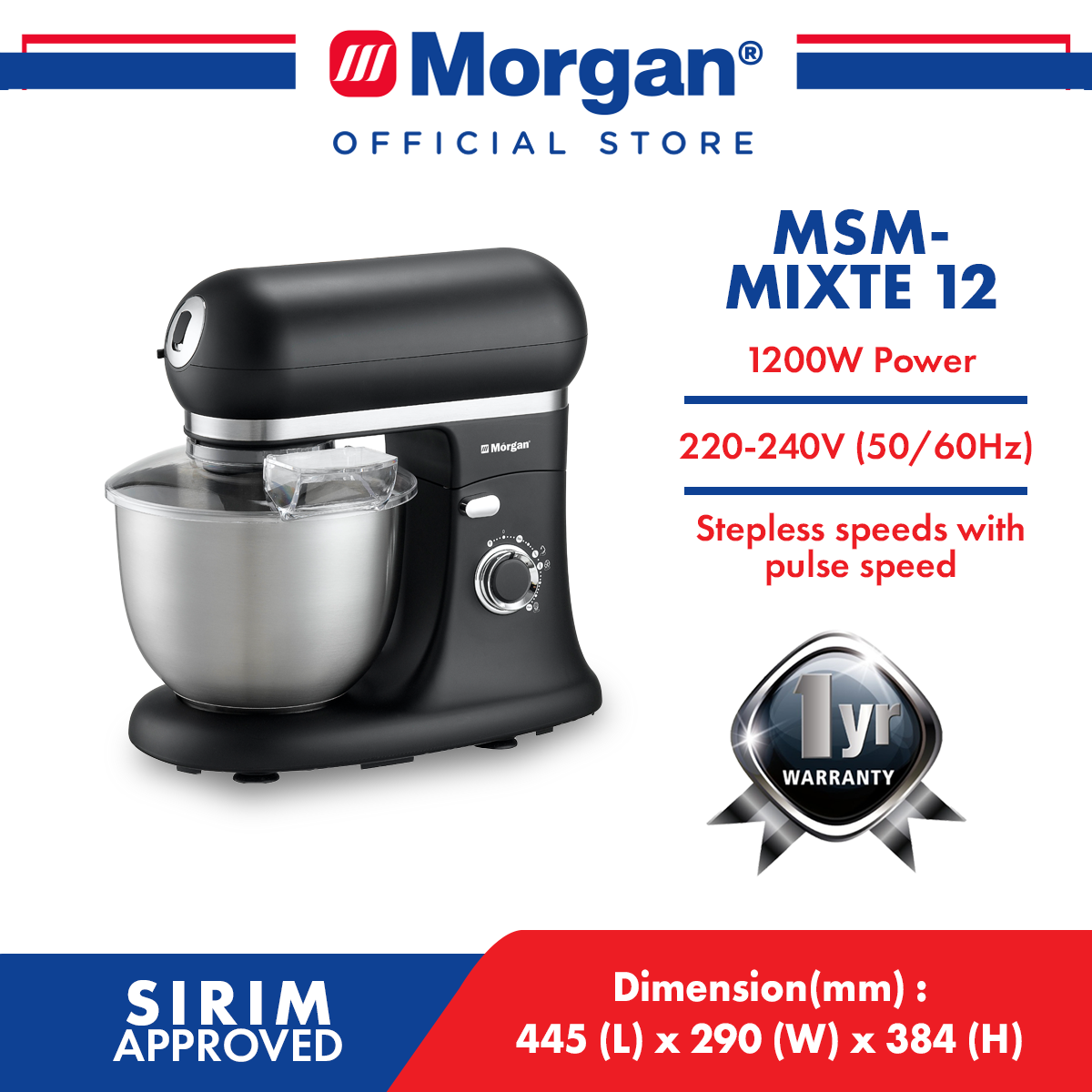 MORGAN MSM-MIXTE 12 STAND MIXER 1200W 5.5L STAINLESS STEEL BOWL