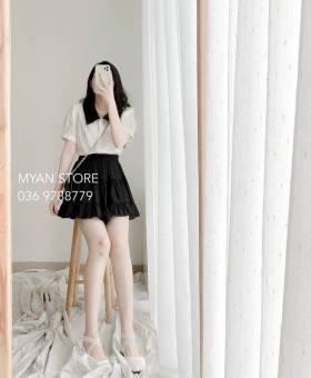 set bộ áo sơ mi trắng phối cổ áo đen chân váy xòe xinh xắn