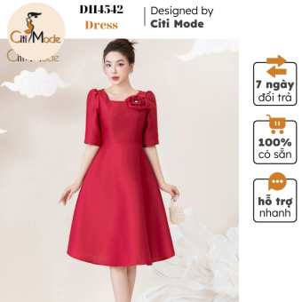 Đầm công sở CITI MODE FASHION thiết kế dáng xoè đỏ cổ đính hoa DH4542