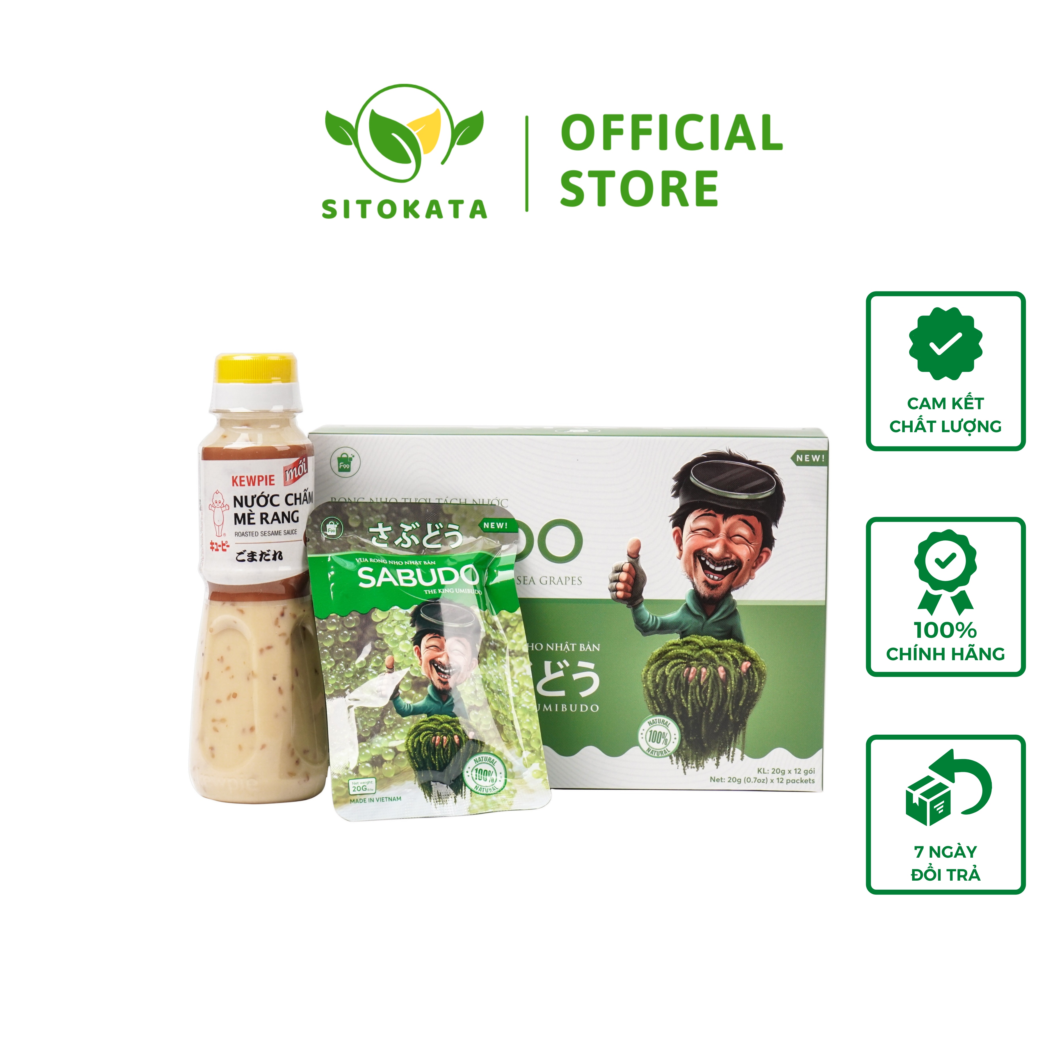 1 Hộp Rong nho tách nước Sabudo Nhật Bản chính hãng tặng kèm sốt mè rang Kewpie ( 1 gói 20 gram)