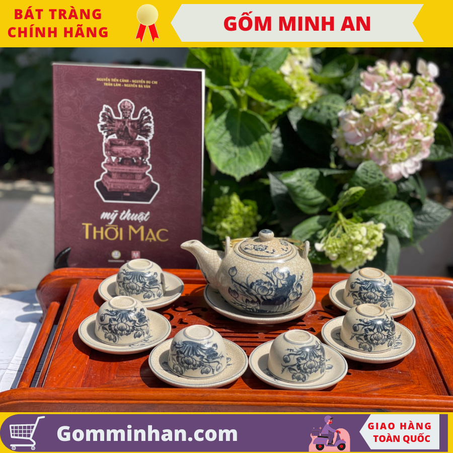 Bộ ấm trà gốm sứ men rạn giả cổ quai đồng dáng nhật- gốm sứ bát tràng- gốm minh an