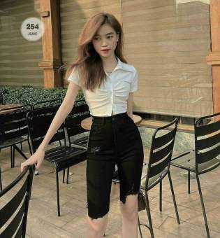 Quần ngố jean nữ đẹp màu đen phối rách cá tính, quần jean ngố nữ lưng cao thời trang Saka Fashion- MQN254