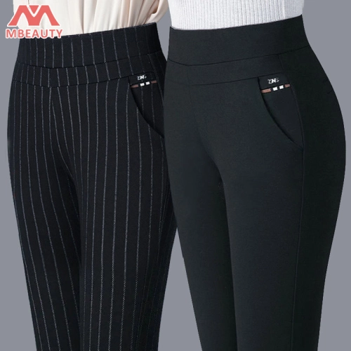 Mbeauty  blank กางเกงลำลองเอวสูงยางยืดสำหรับผู้หญิง กางเกงขายาวทรงตรงเอวสูงสำหรับผู้หญิงวัยกลางคนลายทางยืดหยุ่น 2023