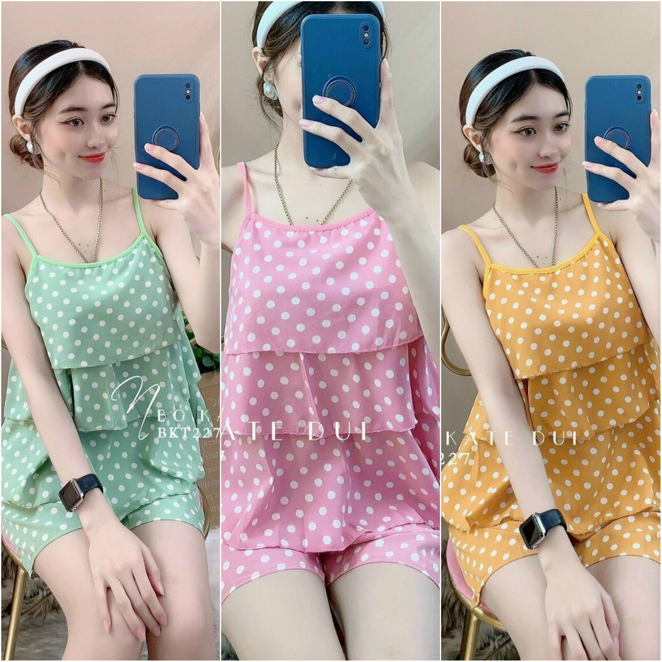 Đồ Bộ Ngắn Phối Tầng Chấm Bi Siêu Xinh Set 2 Dây 3 Tầng Chất Vải Mềm Mịn Thoáng Mát From Dưới 58 Kí
