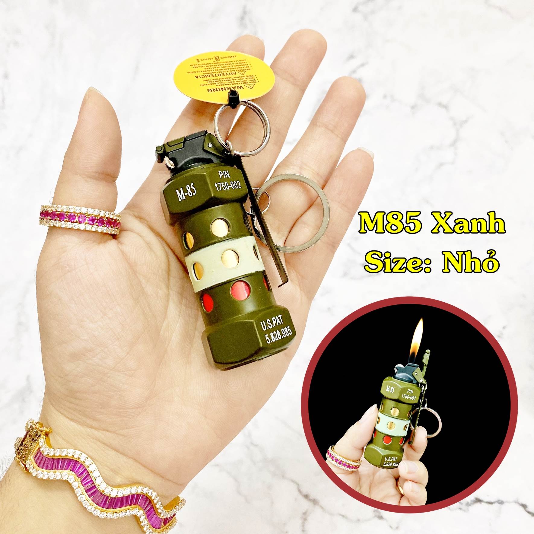 Bật lửa gas khè móc khoá hình trái lựu m85 size nhỏ 5cm