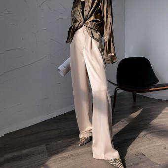 Alisa Sonya Quần Ống Rộng Cạp Cao Sa Tanh Mùa Hè Dành Cho Nữ Quần Dài OL Thời Trang Thanh Lịch Lụa Dáng Rộng