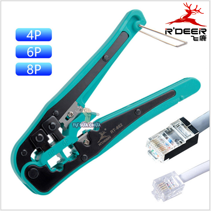 Kìm bấm dây mạng đa năng 4p 6p 8p rj-11 rj-12 rj-45 r'deer rt-952 có dao cắt dây hàng chính hãng xuất xứ hongkong