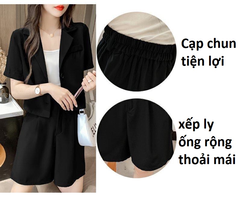 Set bộ nữ áo khoác vest một lớp nữ ngắn dáng croptop quần short lưng chun ống rộng thoải mái form cự