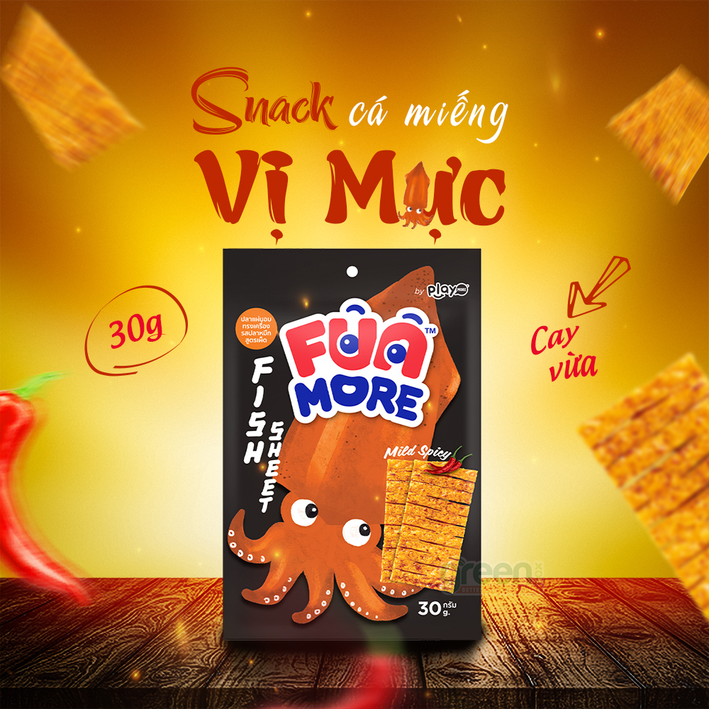 Đồ ăn vặt khô cá mực cán tẩm gia vị cay vừa Funmore Playmore Thái lan 30g, khô cá sợi ăn vặt, trộn bánh tráng