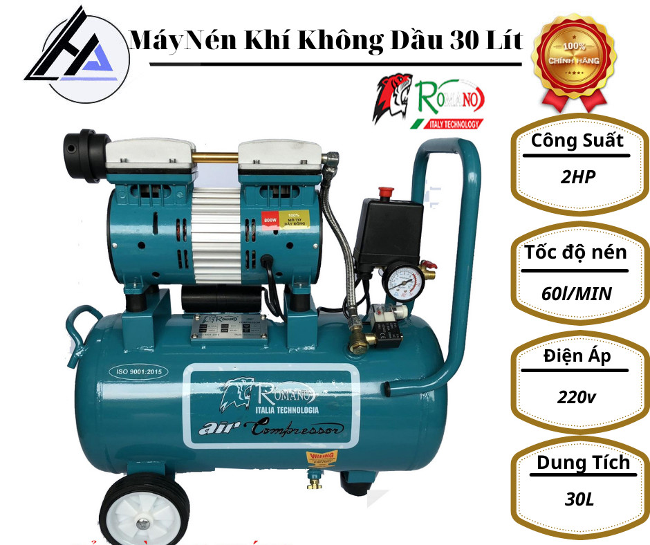 Máy Nén Khí 30L ROMANO giảm âm không dầu cao cấp-BH 12 Tháng-Tặng dây xoắn hơi và xì khô - Bảo hành 12 tháng