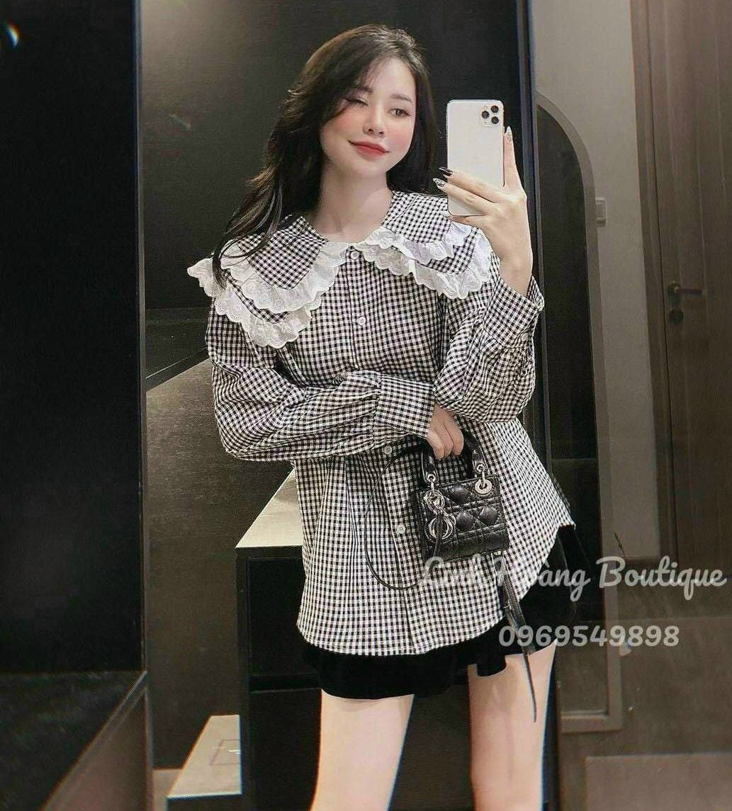 Áo sơmi tiểu thư tay dài cổ sen bèo 2 lớp sọc caro