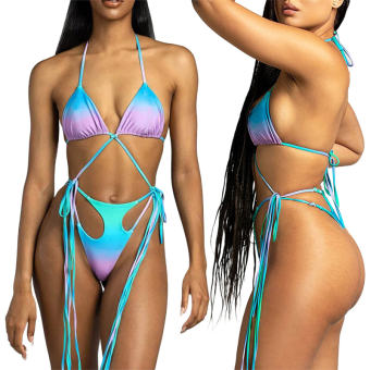 Bộ Bikini 2 Chiếc Màu Trơn Cho Nữ, Băng Quấn Khoét Trước Cổ Thấp Áo Buộc Dây Với Đáy Tam Giác