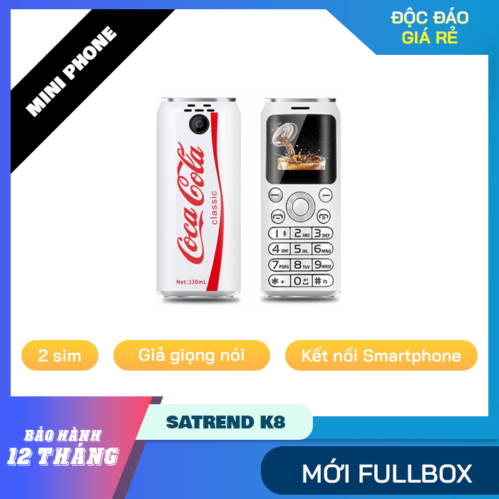 HÀNG MỚI FULLBOX - BẢO HÀNH 1 NĂM - Điện thoại siêu độc đáo hình lon nước ngọt siêu nhỏ Satrend K8 2 sim hỗ trợ kết nối Bluetooth với Smartphone