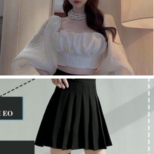 Set áo croptop chân váy tennis - Chân váy xếp ly + áo tiểu thư tay phồng cột nơ thời trang