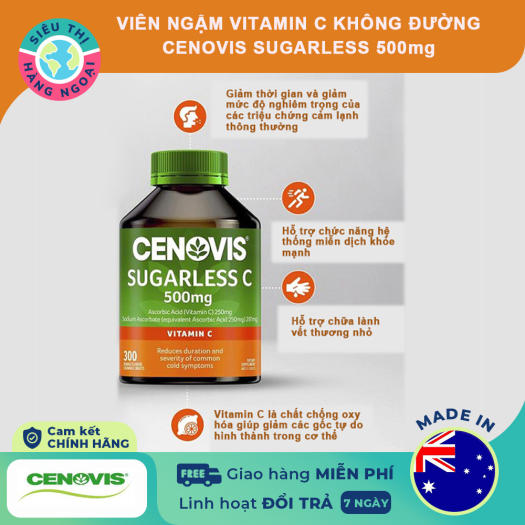 Viên ngậm Vitamin C không đường Cenovis Vitamin C 500mg Sugarless [Tăng cường miễn dịch] Hộp 300 viên Exp09/2023 Hàng Úc được bán bởi Siêu Thị Hàng Ngoại