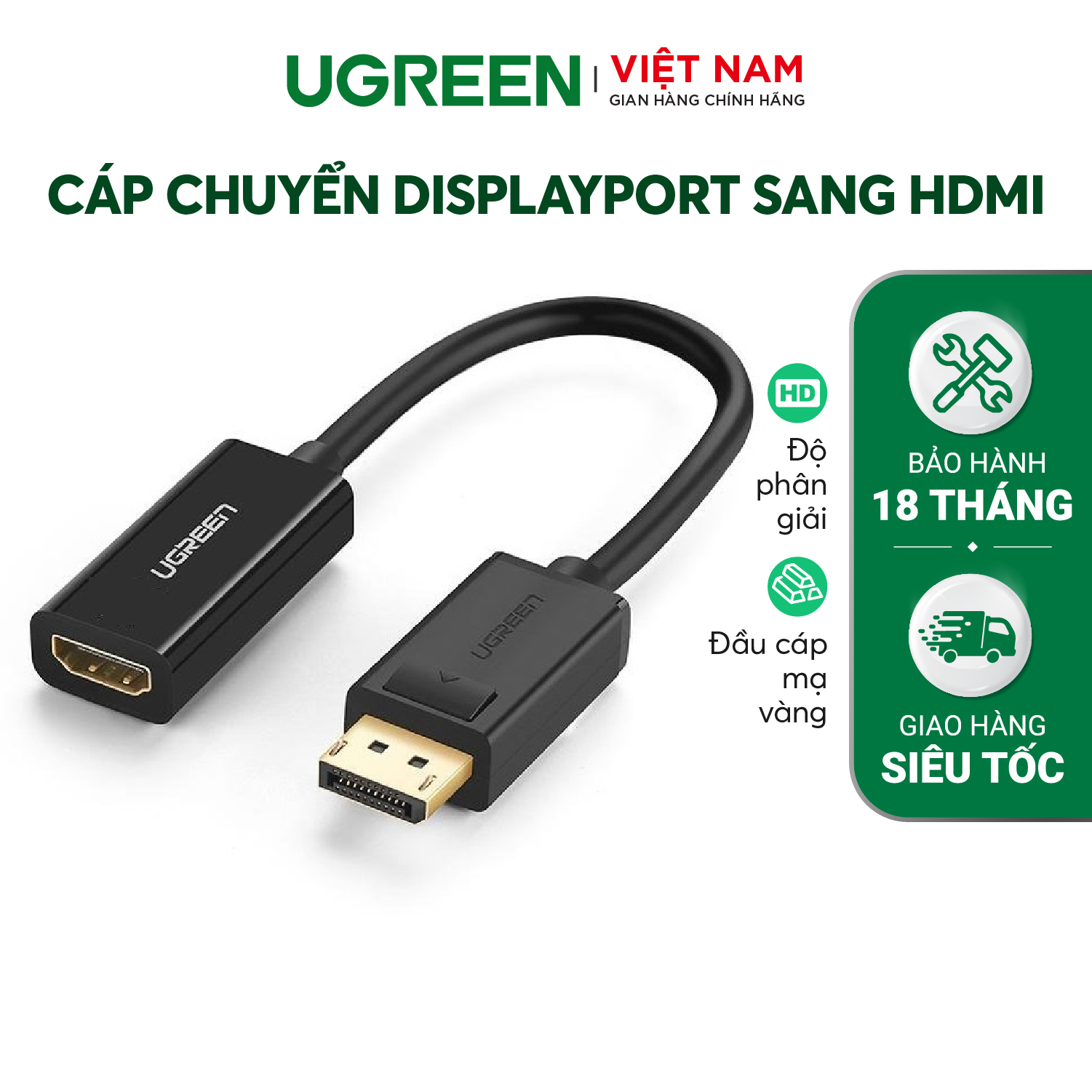 Cáp chuyển đổi displayport sang hdmi ugreen 40362 - hỗ trợ full hd, đầu tiếp xúc bền bỉ - hãng phân phối chính thức - bảo hành 18 tháng 1 đổi 1