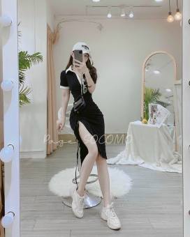 Đầm nữ form body phối cổ sơ mi kèm rút dây đùi giúp siêu tôn dáng