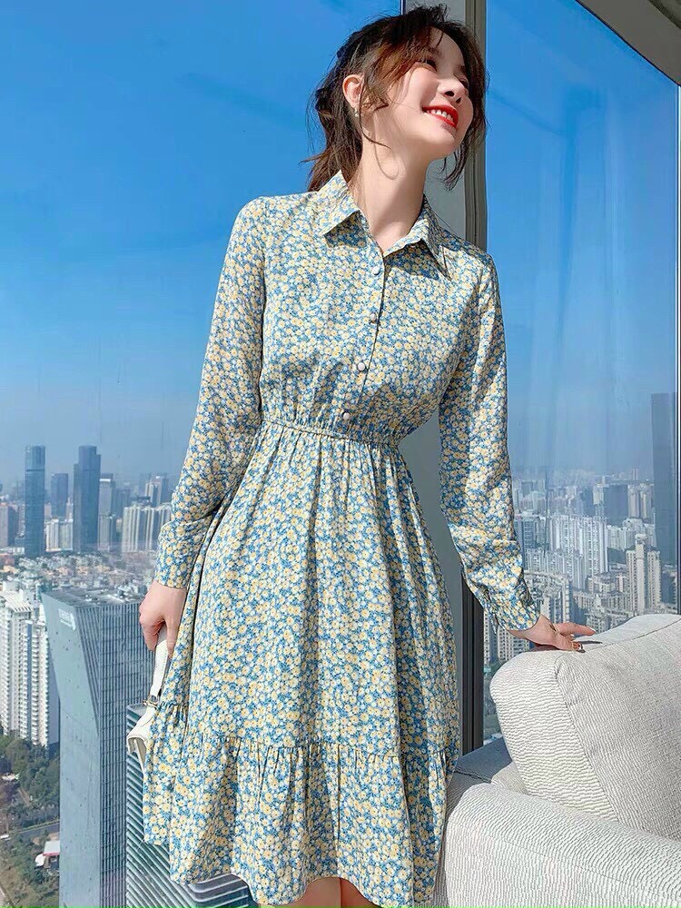 Đầm hoa nhí nữ, đầm sơ mi nữ, đầm tay phồng, đầm midi hoa Hàn Quốc mùa hè, đầm hoa xanh nhẹ nhàng cổ bẻ dễ thương