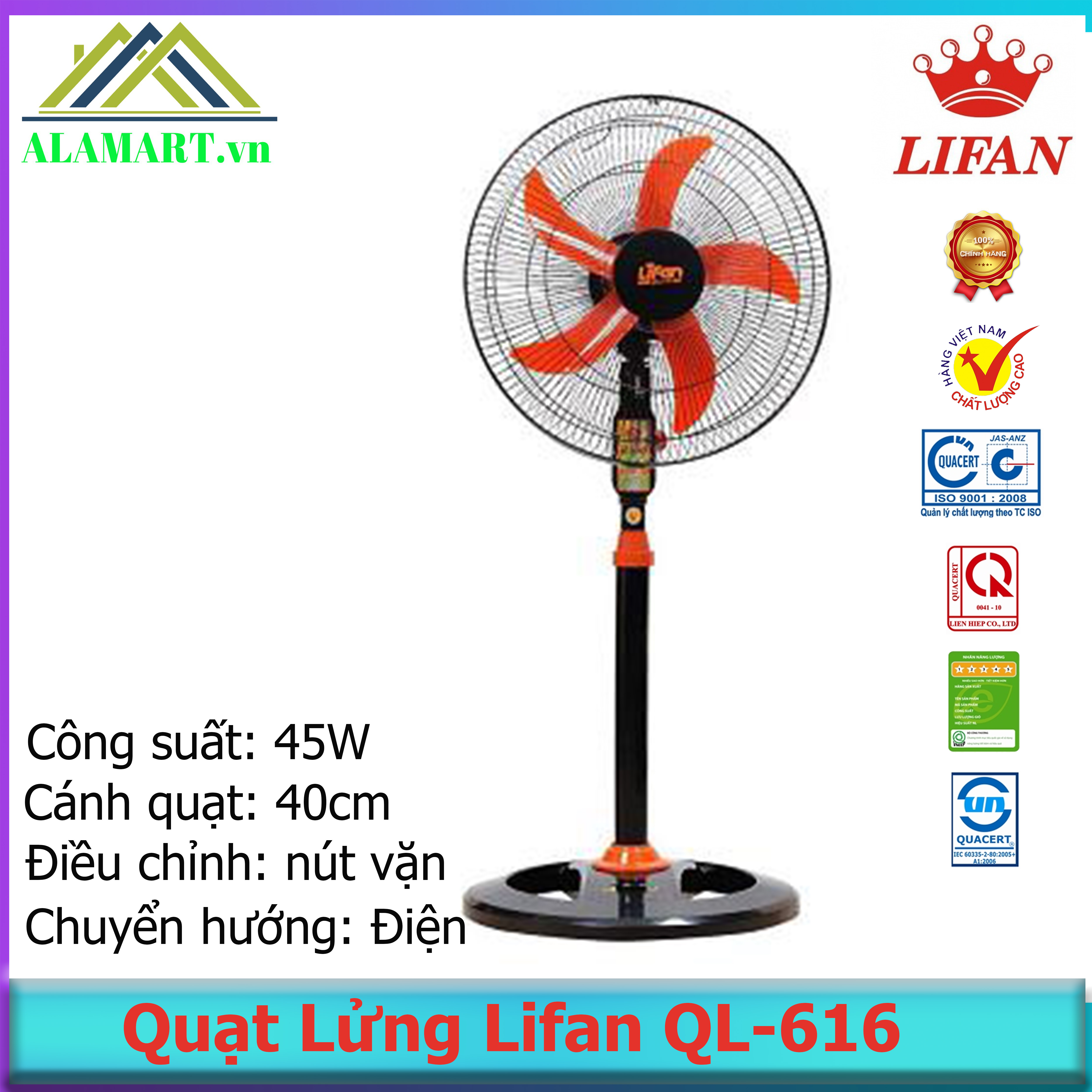 Quạt lửng lifan ql-616 quạt lỡ thấp êm mát dùng phòng khách, phòng ngủ, cs 45w, 3 tốc độ