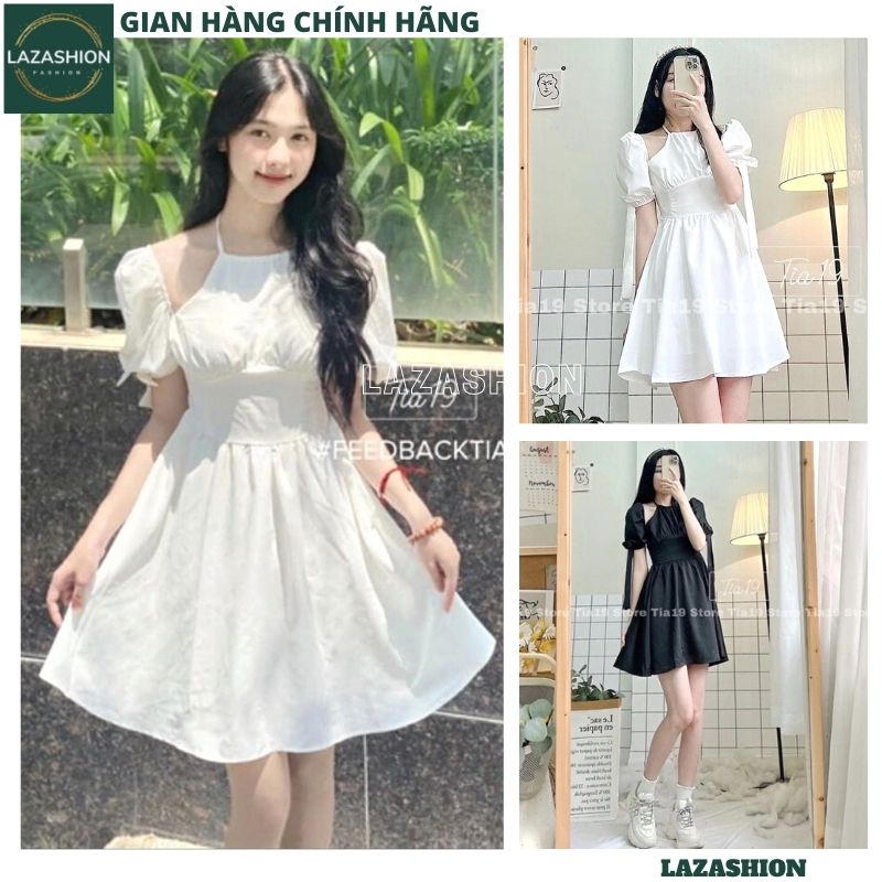 Đầm babydoll cổ yếm -đầm dự tiệc hàn quốc dễ thương ulzzang vintage ,váy công chúa 2 mầu đen trắng xòe bồng , váy tiểu thư bánh bèo -LAZASHION