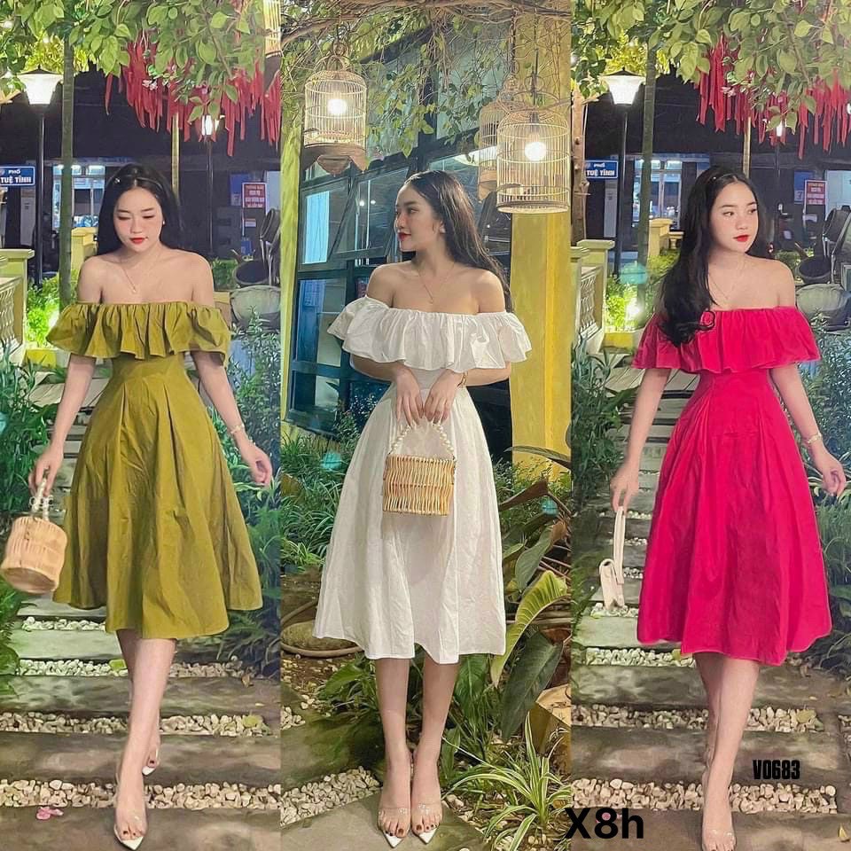 Đầm váy xoè trễ vai tiểu thư dáng dài