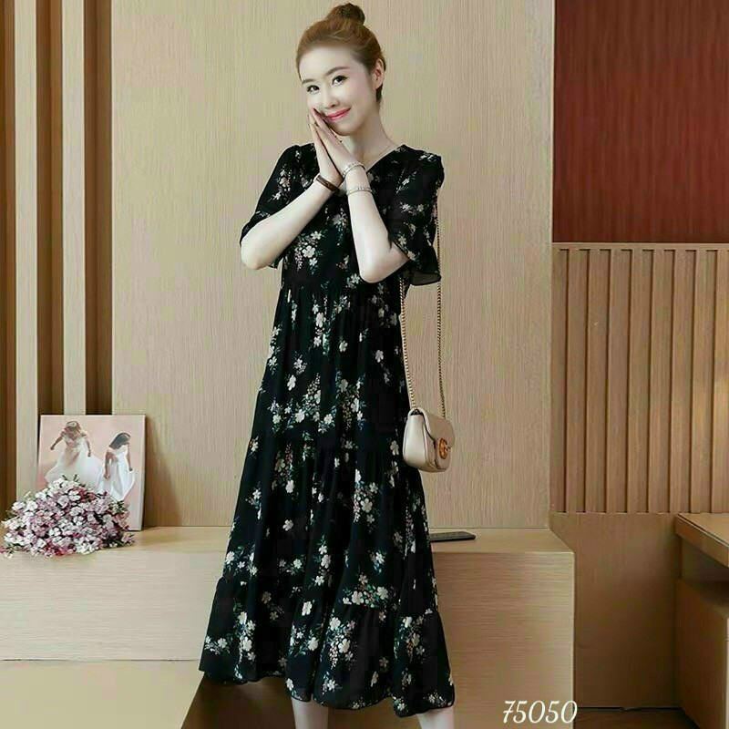 Đầm lụa hàng châu phối bông nhỏ điệu đà dễ thương đủ size từ m-xxl
