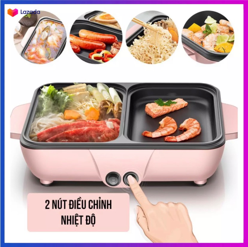 Nồi lẩu điện mini đa năng 2 ngăn tiện lợi - nồi nướng điện siêu tốc chống dính thế hệ mới - bảo hành 12 tháng.