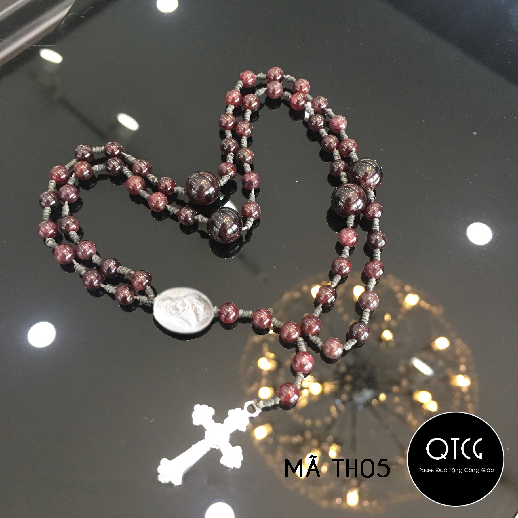 Vòng Mân Côi - Chuỗi Tràng Hạt 50 Đá tự nhiên Garnet - Mẫu TH05 4ly - Quà tặng Công Giáo tinh tế, ý nghĩa