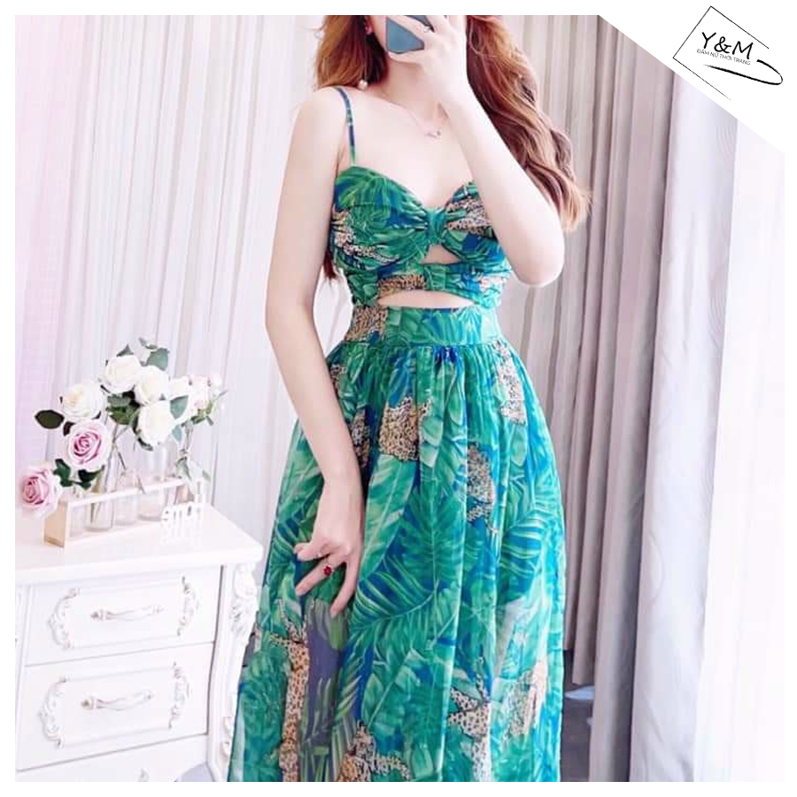 Đầm maxi đi biển du lịch 2 dâyfreeship đầm nữ dáng dài cup ngực kèm mút ngực hoa nhí thổ cẩm