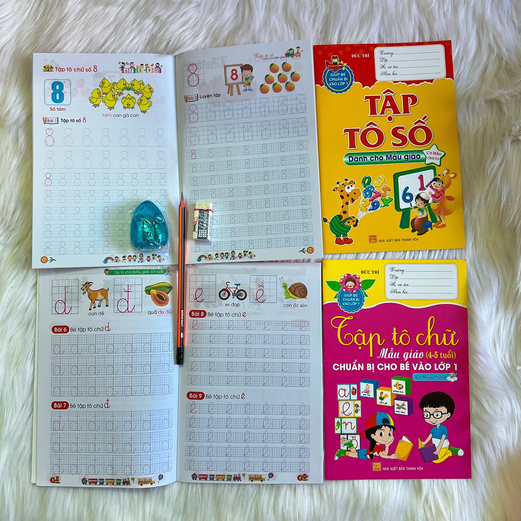 Combo tập học tô chữ, số, bút chì 2B, gôm, chuốt cho bé