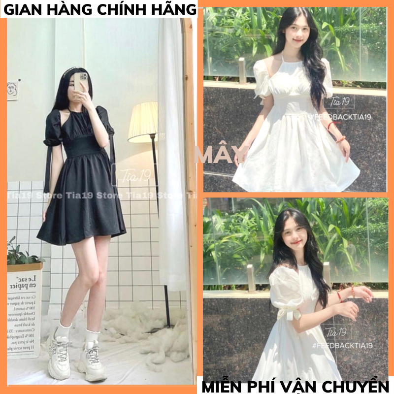 Đầm váy nữ ôm eo dáng xòe siêu xinh họa tiết 2 màu cổ kiểu yếm tay ngắn cột nơ sang trọng dự tiệc dạo phố MÂY2