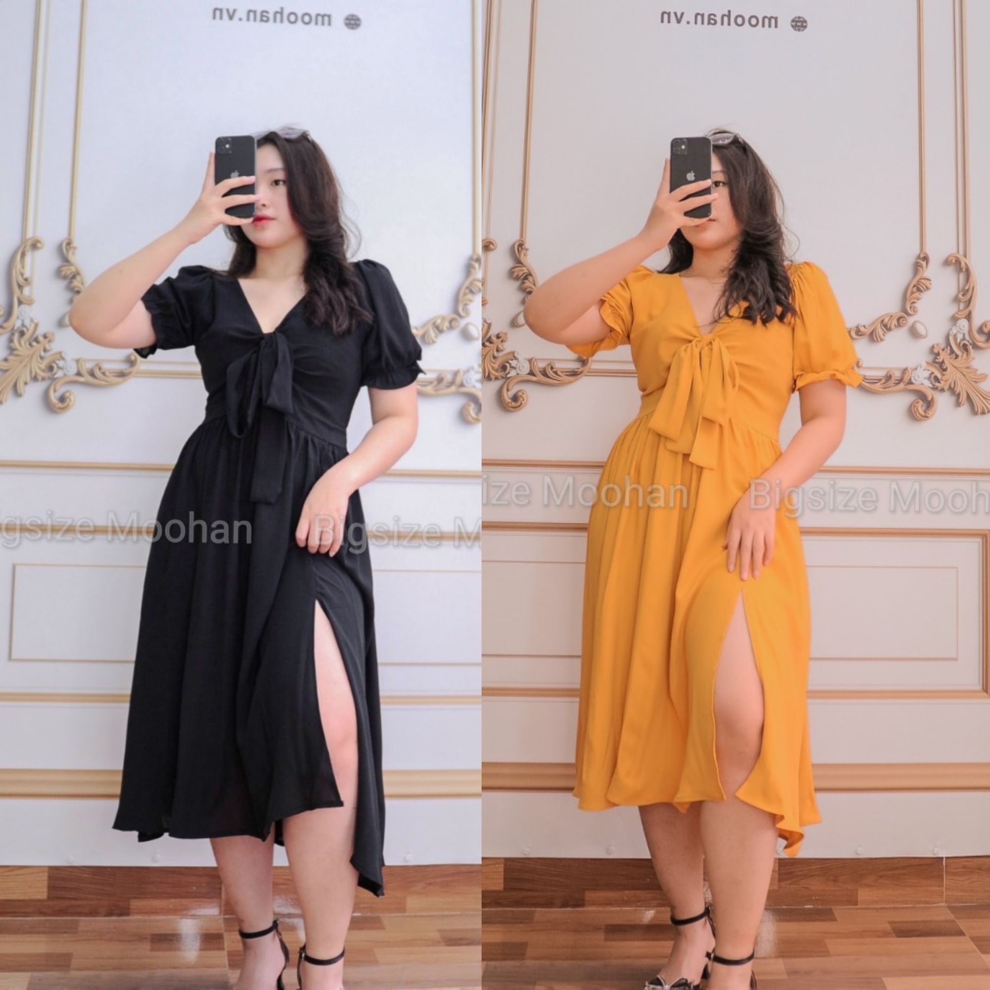 Đầm bigsize nữ, váy bigsize nữ, buộc nơ ngực, xẻ tà điệu đà cho người béo đi biển