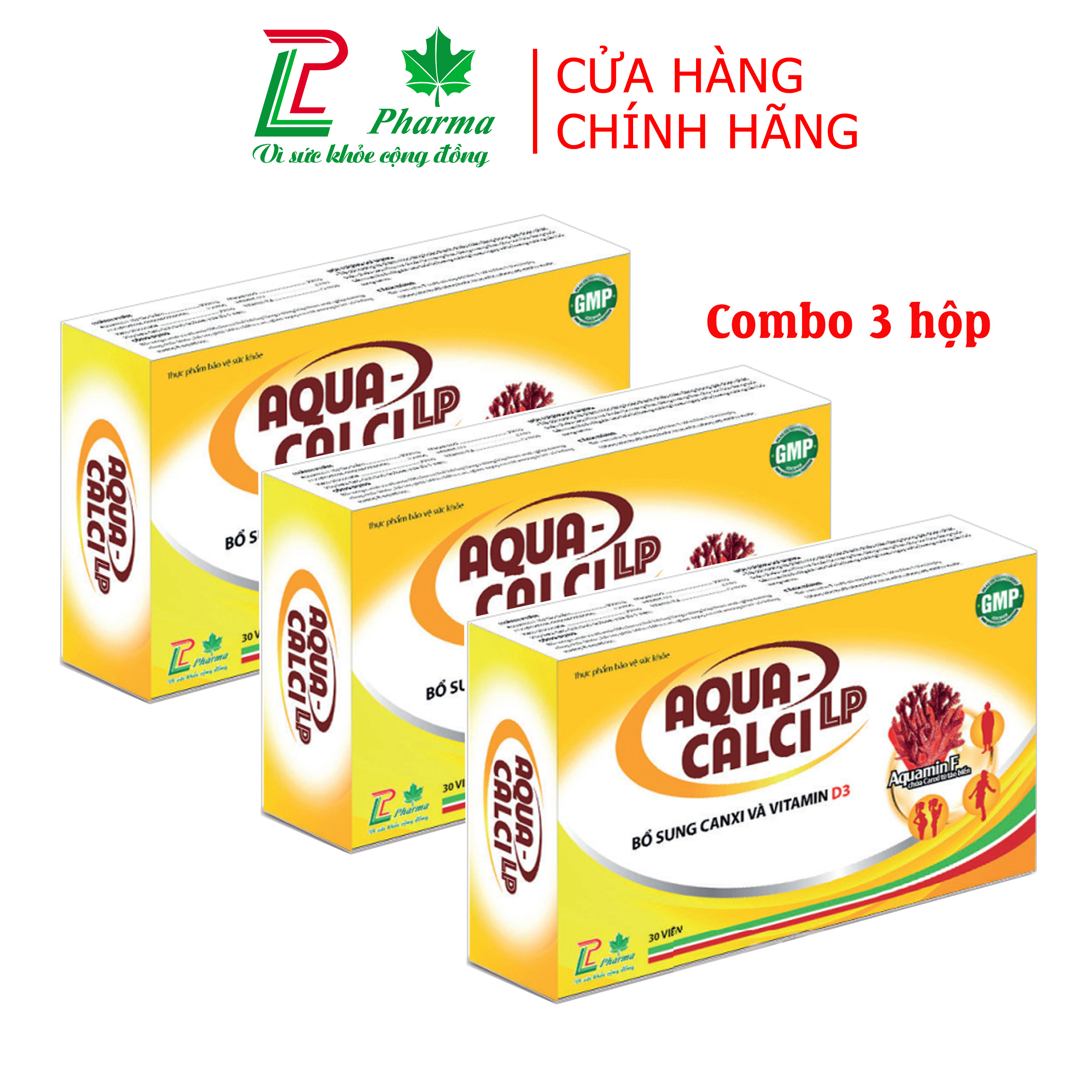 Combo 3 hộp Canxi cho bà bầu Aqua Calci LP - Bổ sung canxi từ tảo biển, vitamin D3, K2 giúp phát triển xương, ngừa loãng xương - Hộp 30 viên