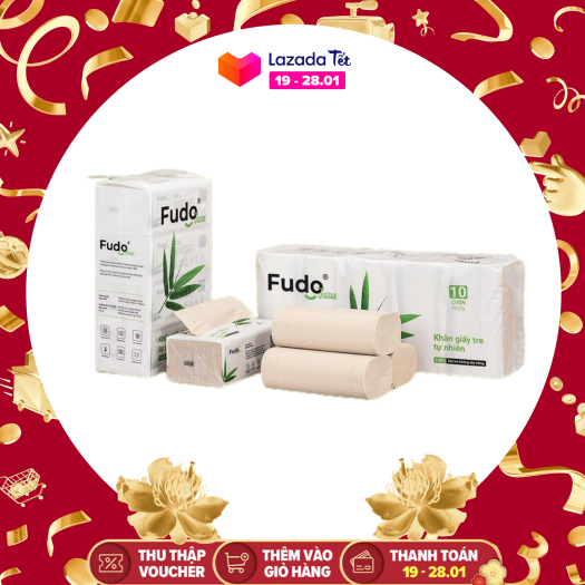 Khăn giấy tre Fudo - Combo (4 gói giấy rút + 10 cuộn không lõi) - Giấy vệ sinh Fudo: 100% bột tre, không tạo mùi, không tẩy trắng