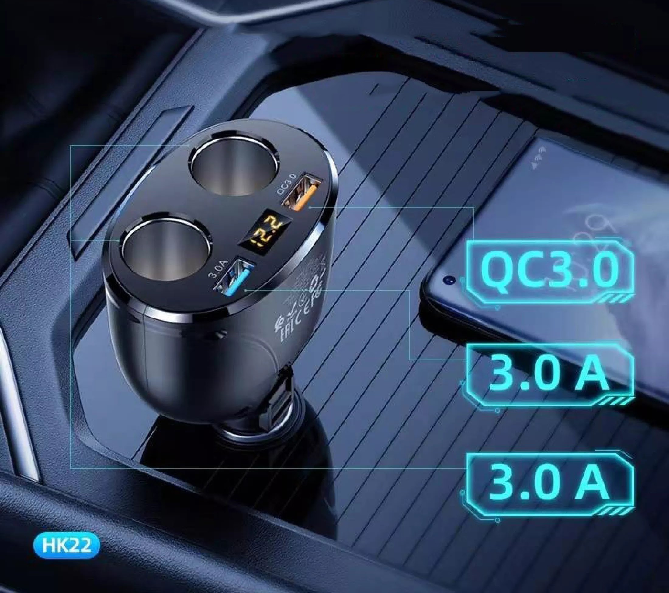 Tẩu sạc nhanh ô tô qc3.0 hoco hk22 cao cấp 18w - 2 cổng usb 2 tẩu sạc