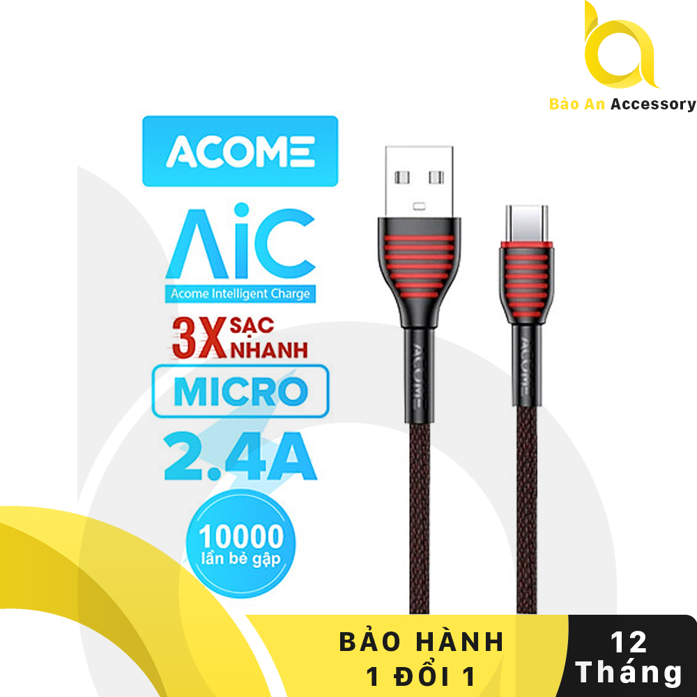 Cáp sạc Micro Type-c Lightning  ACOME ASM -010/ASC-010/ASL-010 Sạc Nhanh 2.4A Dài 1 Mét Tương Thích Với Các Dòng Android Samsung Xiaomi Oppo Hàng Chính Hãng [Bảo Hành 12 tháng]