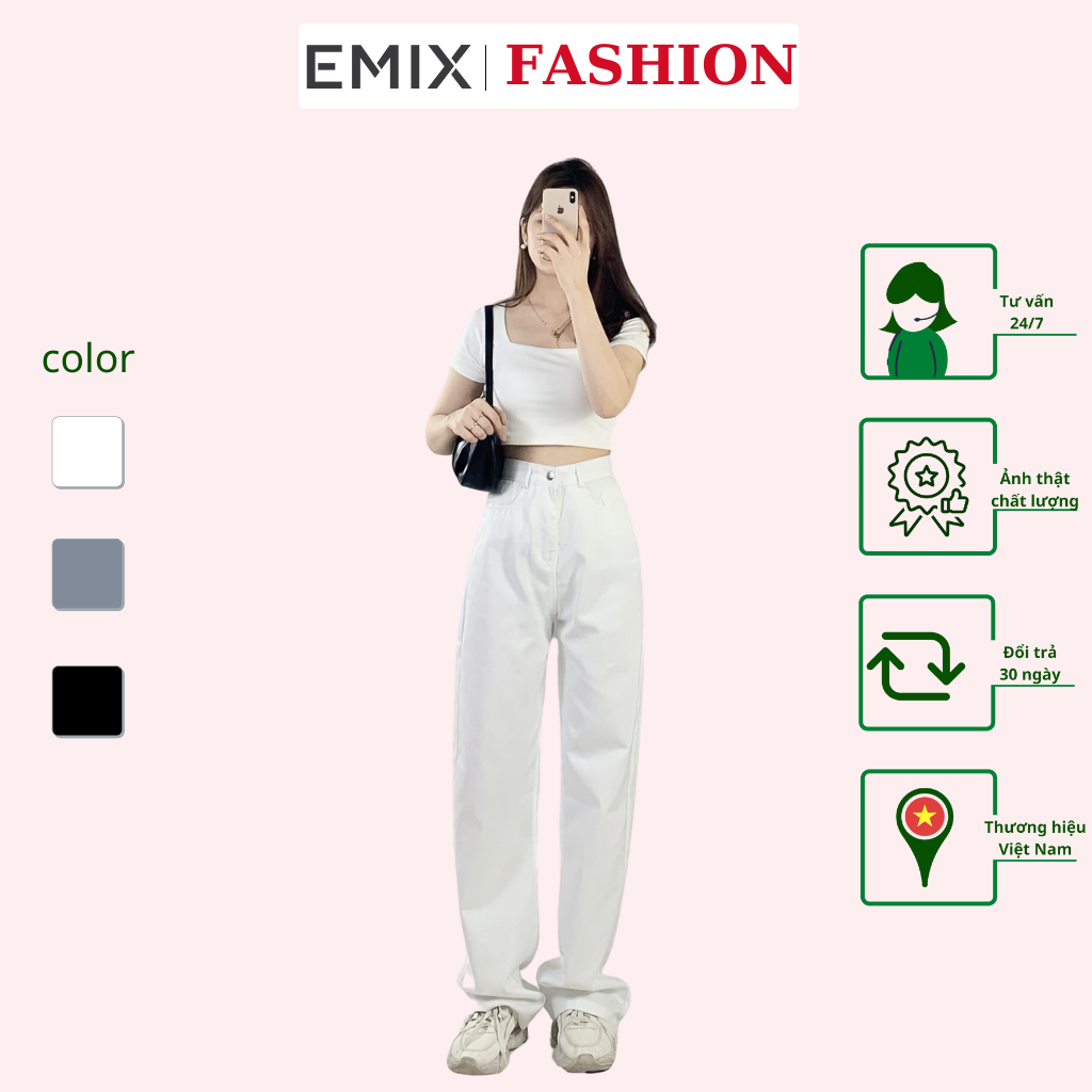 Quần jean trơn đi học EMIX (3 màu) ulzzang dáng dài 90cm cạp cao ống suông rộng có túi chất jean ít giãn 240
