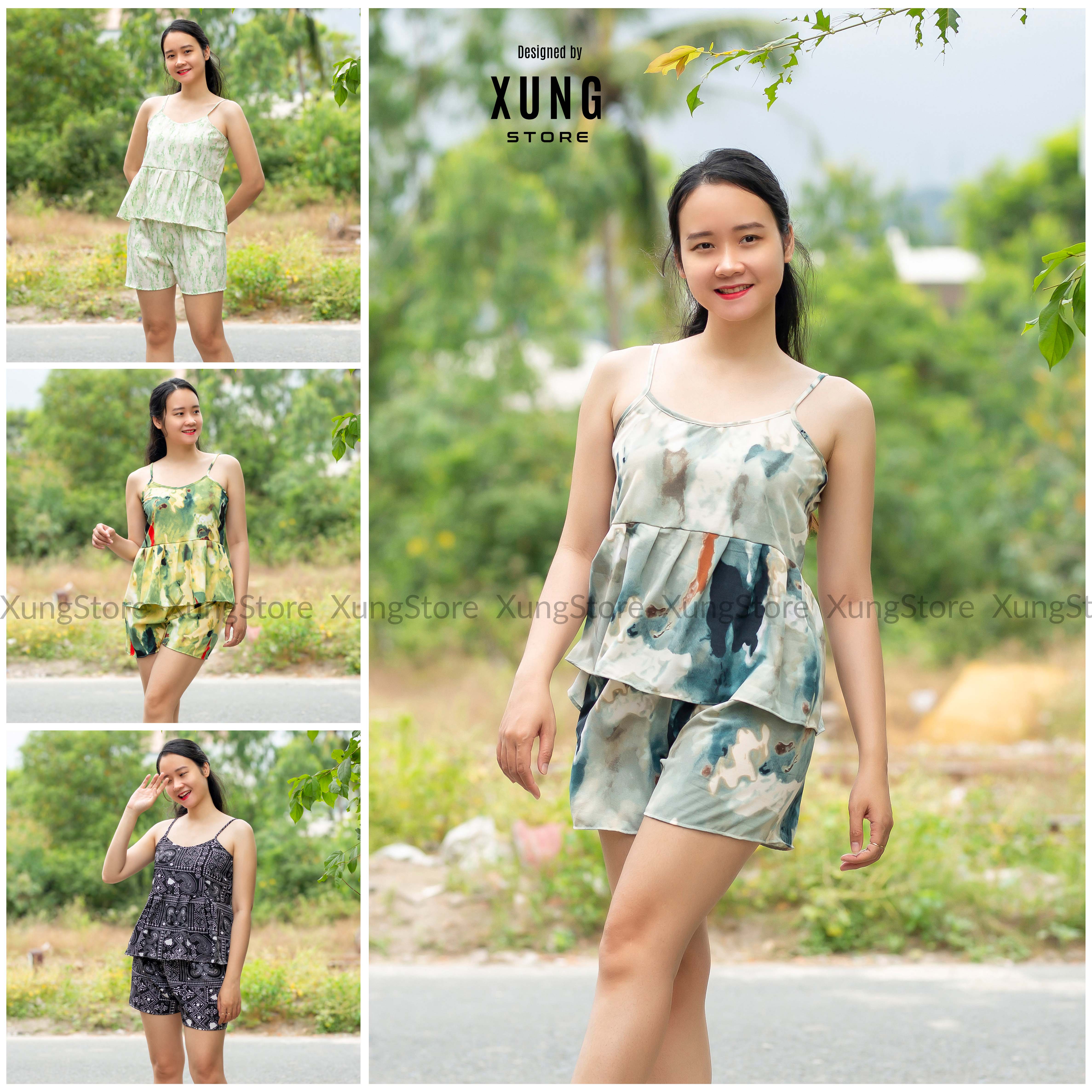 Đồ bộ nữ mặc nhà, đồ bộ 2 dây quần đùi chất lụa mềm mát - xungstore