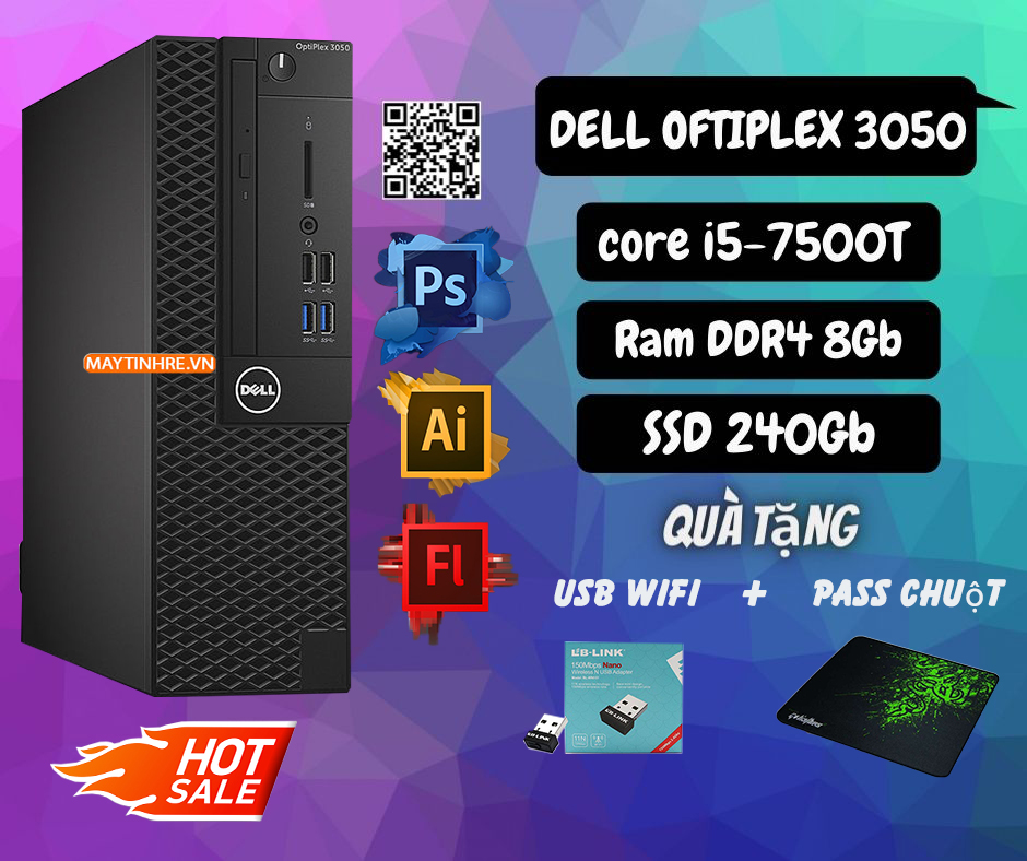 Máy tính bàn dell optiplex 3050 core i5-7500t / ram 8gb / ssd 240gb bảo hành 12 tháng, tặng kèm usb wifi + bàn di chuột