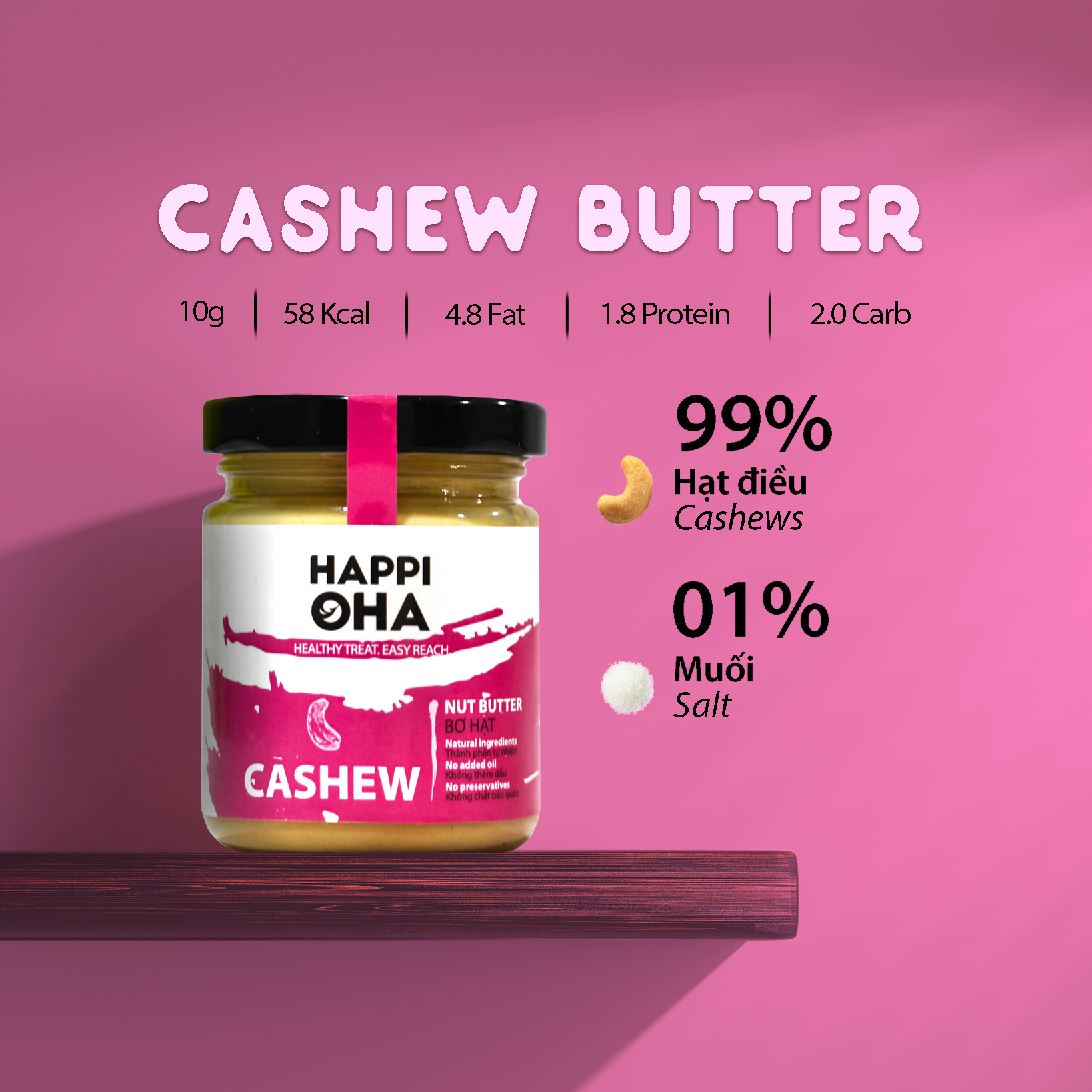 Bơ hạt điều nguyên chất không đường xay mịn tự nhiên happi oha cashew butter