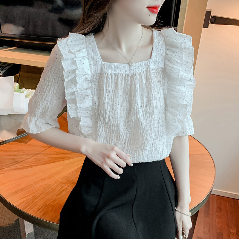 AMMIN Áo Voan Tay Ngắn Nhún Bèo Cổ Vuông Cá Tính Thời Trang Phong Cách Hàn Quốc Cho Nữ Áo Thường Ngày Dễ Phối Dáng Rộng Ngọt Ngào Mới Mùa Hè 2022