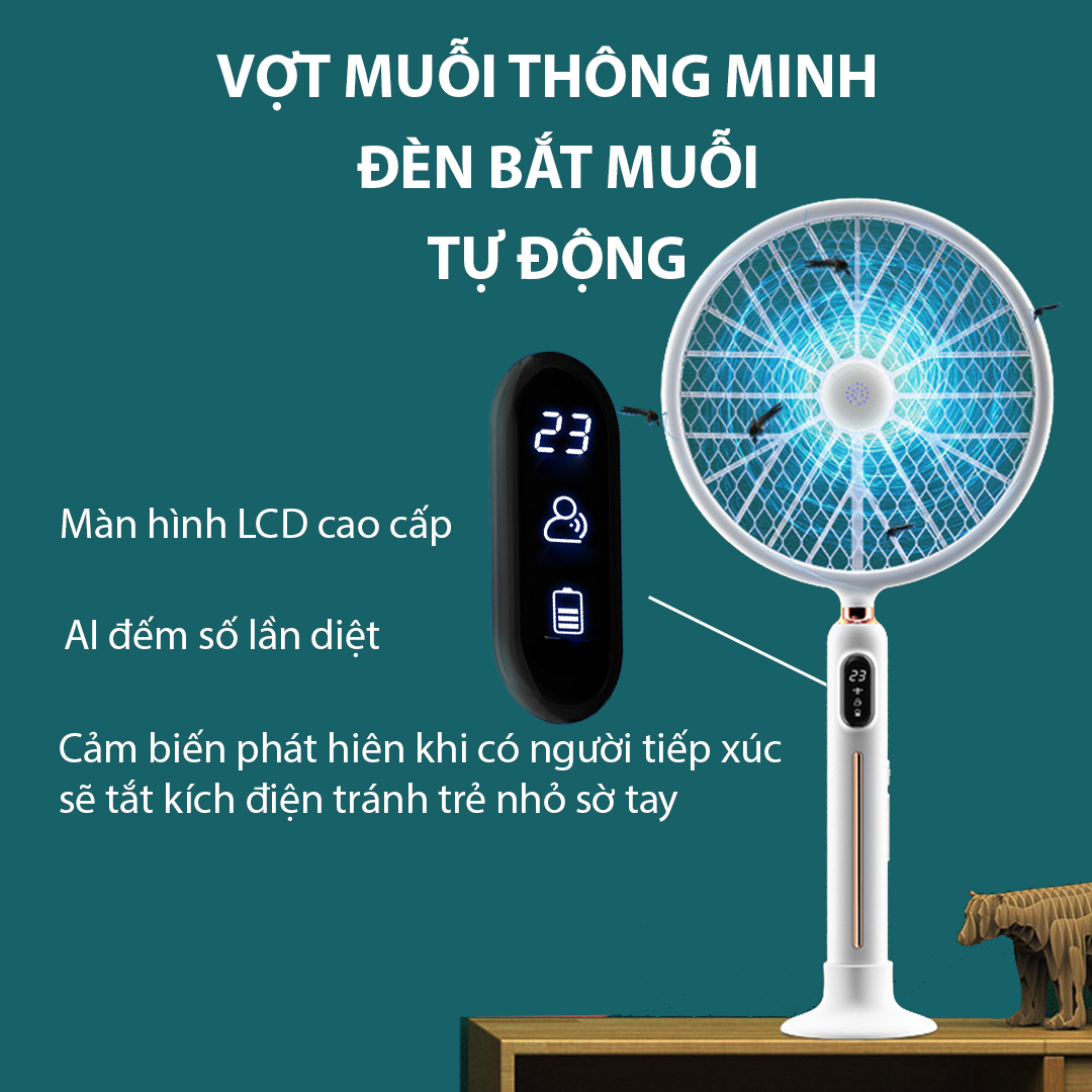 Vợt muỗi thông minh AI, vợt muỗi kiêm đèn bắt muỗi, máy bắt muỗi VM001 có cảm biến tiếp cận chống giật khi trẻ sờ